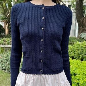 Brandy Melville navy scallop trim Zoe cable knit cardigan with pockets